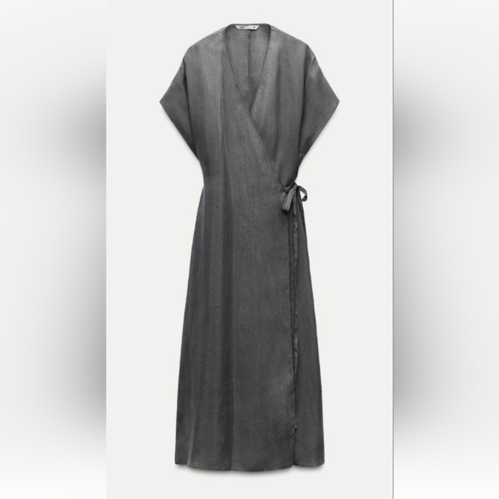 Zara Zw Collection Wrap Business Casual Midi Gray Lighweight Dress